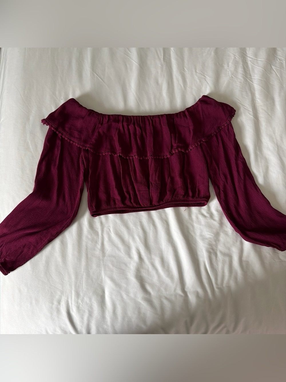 Off-Shoulder Ruffled Long Sleeve Crop Top in Burgundy